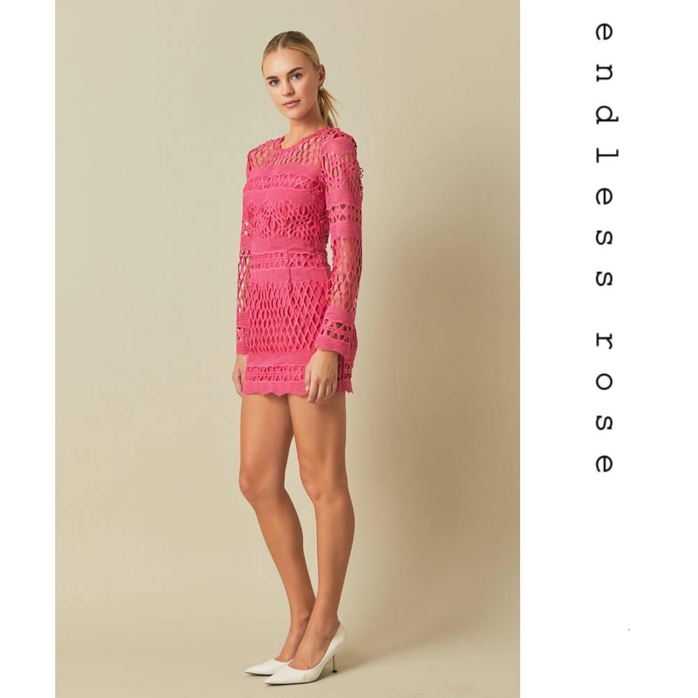 Endless Rose - Small - Long Sleeve Crochet Mini Dress - Fuchsia